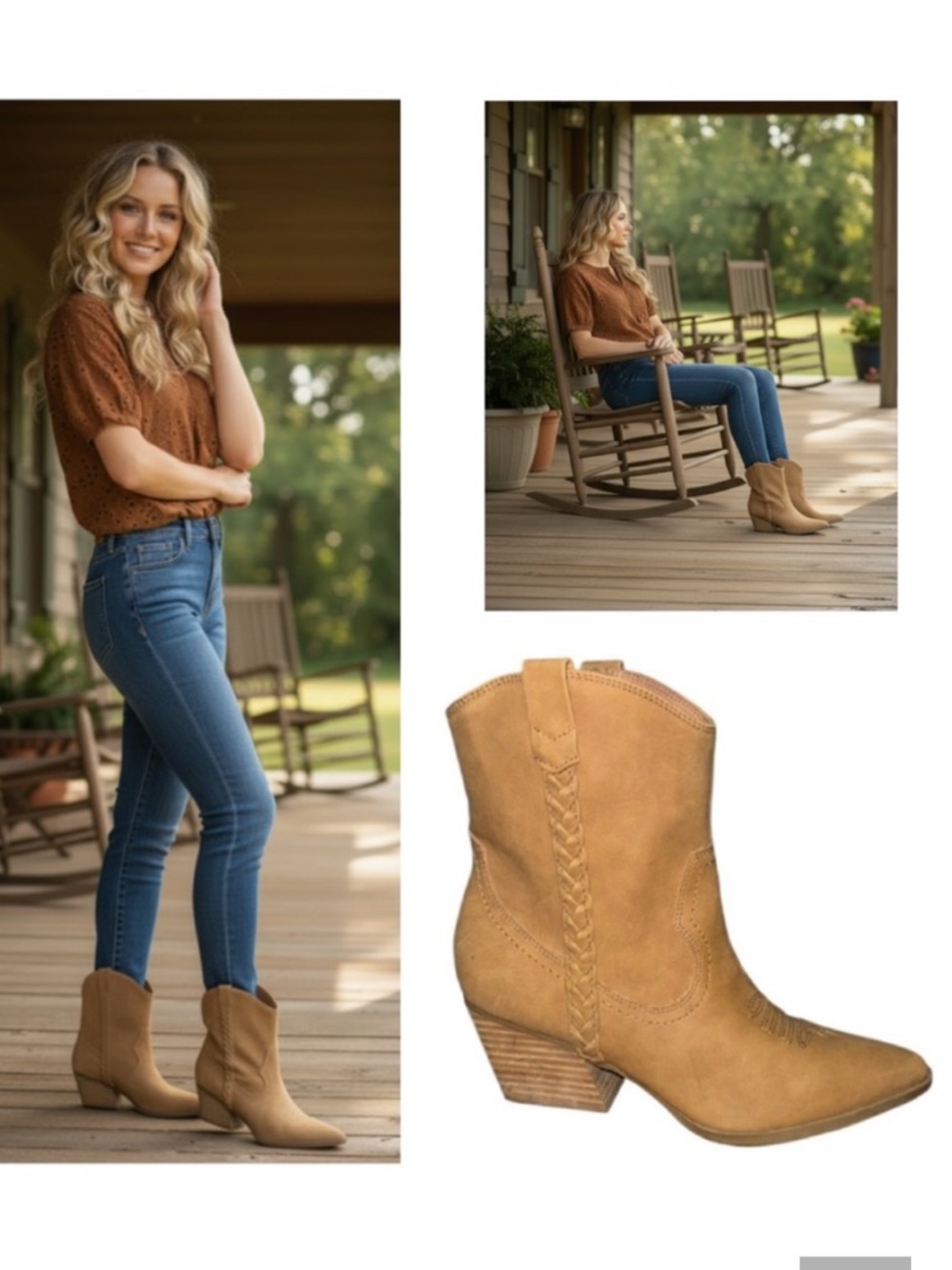 DV Dolce Vita Tan Camel Western Ankle Boots Koolson Style braided trim details
